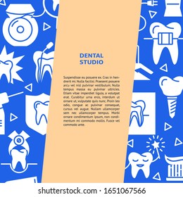 Dental Studio-Banner-Vorlage in flachem Stil. Zähne- und Stomatologiesymbole. Medizinischer Hintergrund mit Platz für Text. Vektorillustration.
