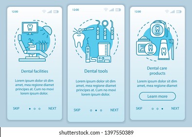 Dental stuff onboarding mobile app page screen with linear concepts. Dental facilities, tools, care products walkthrough steps graphic instructions. UX, UI, GUI vector template with illustrations