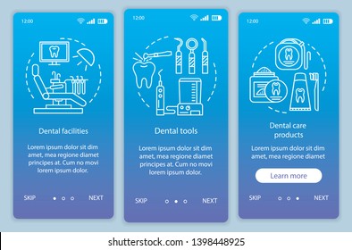 Dental stuff onboarding mobile app page screen vector template. Dentistry. Dental therapy and hygiene. Walkthrough website steps with linear illustrations. UX, UI, GUI smartphone interface concept