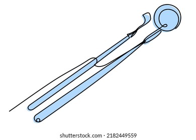 Dental supplies, pocket mirror, tools for dental treatment. Monochrome drawing on a white isolated background. For packages, books, an overview of dental services. Color illustration in one line style