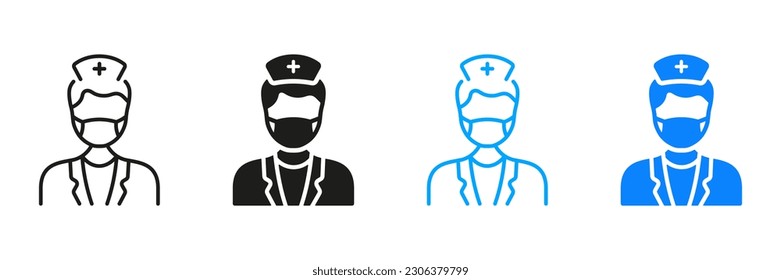 Dental Surgeon Sign. Dentist Man Pictogram Collection. Physician Specialist, Orthodontist, Endodontist Symbol. Doctor in Face Mask Silhouette and Line Icon Set. Isolated Vector Illustration.