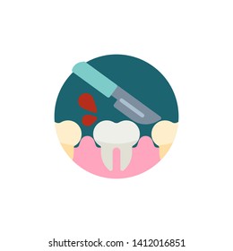 Dental surgery flat icon. Round colorful button, Tooth and medical knife circular vector sign. Human teeth and scalpel flat style design