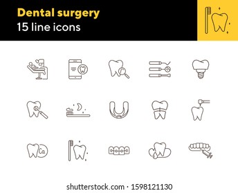 Dental surgery icons. Set of line icons. Dentist, tooth, pain. Medicine concept. Vector illustration can be used for topics like stomatology, treatment, patient