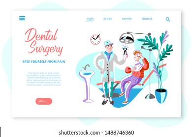 Dental surgery webpage template. Dentist pulling out bad tooth clipart. Man getting teeth treatment cartoon vector character. Stomatologist appointment. Stomatology, orthodontics