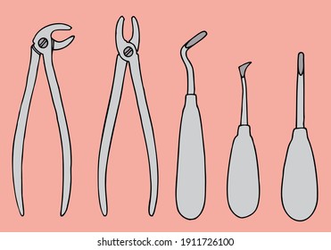 Dental surgical forceps for the upper and lower jaws and elevators for tooth extraction on a pink background.