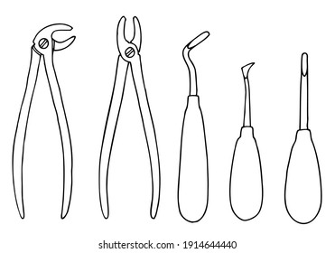 Dental surgical forceps for the upper and lower jaws and elevators for tooth extraction in doodle style.