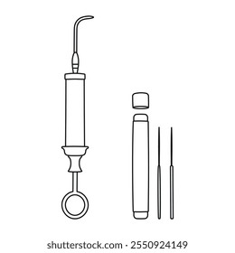 Dental syringe for rinsing oral cavity, injection, root needle, sketch of the silhouette of dentist tools