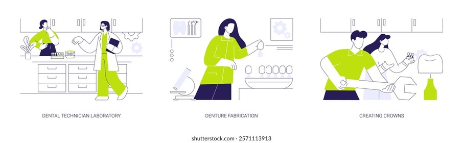 Dental technician abstract concept vector illustration set. Dental technician laboratory, denture fabrication, creating tooth crowns and bridges, porcelain teeth, oral medicine abstract metaphor.