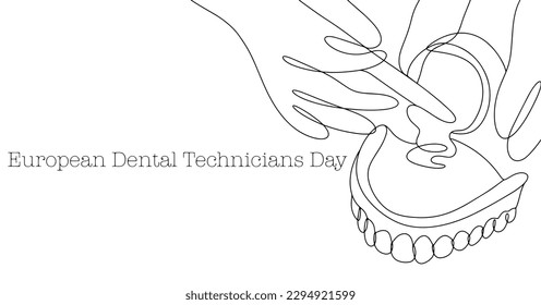 The dental technician makes false teeth. Dental illustration. European Dental Technicians Day. One line drawing for different uses. Vector illustration.