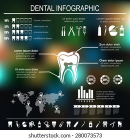 Dental and teeth care infographics. Tooth treatment, prevention and prosthetics. Set of flat vector dental icons.