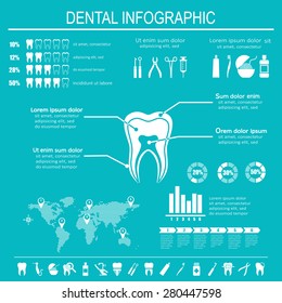 Dental and teeth care infographics. Tooth treatment, prevention and prosthetics. Set of flat vector dental icons.