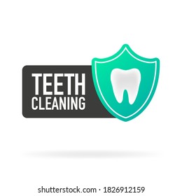 Protección contra la limpieza de dientes dentales. Diseño plano. Ilustración de la etiqueta del vector.