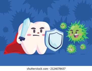 Dental Teeth Healthy Character Superhero Holding Sword And Shield Fight Bacteria Protect From Decay Cavity