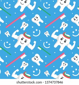 Dental teeth and toothbrushes on blue background seamless pattern