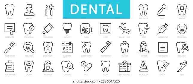 Iconos de línea delgada dental. Icono dental. Colección de iconos dentarios, dentales, de trazo modificable dental. Ilustración del vector