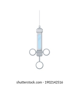 Dental tool injection syringe icon isolated on white background. Stomatology medicine instrument - anesthesia syringe with needle. Dentist tool flat design cartoon style vector illustration.