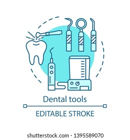 Dental tools concept icon. Dentist tools. Devices for teeth diseases treatment. Stomatological equipment idea thin line illustration. Vector isolated outline drawing. Editable stroke