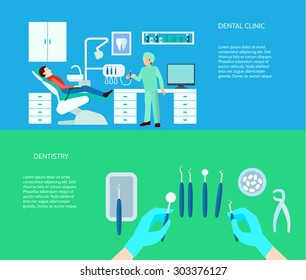 Dental tools doctor and clinic scene flat color horizontal banner set isolated vector illustration  