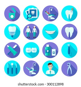 Dental tools doctor tooth care and symbols flat color icon set isolated vector illustration