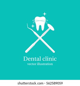 Dental tools icon. Basic instruments stomatology. Template logo design for dental clinic. White glossy tooth, cross mirror and elevators. Vector illustration flat design. Isolated on background.