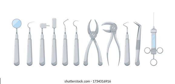 Dental tools icon set isolated on white background. Stomatology instruments collection -  Dentist tools flat design cartoon style vector illustration.