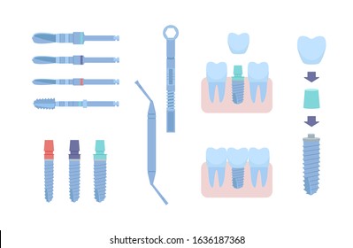 Dental tools for dental implants. Medical metal and titanium. Vector illustration, in a flat style. Poster to the clinic, image for instructions for dentists, training books. Isolated on white