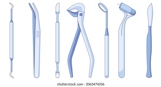 Dental tools and instruments icons set. Stomatology supplies vector icon in a flat style isolated on a white background. Vector illustration