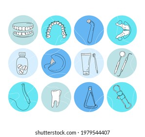 Dental tools and instruments set in doodle style.Medical blog.Round hand drawn highlights for social media in doodle style.Equipment for bite correction.Orthodontic prosthetics.Vector