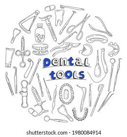 Dental tools and instruments set in doodle style.Line art banner.Orthodontic prosthetics and filling,drill bit,treatment of diseases of oral cavity and caries.Medical equipment for bite correction