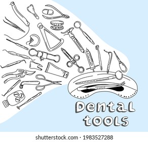 Instrumentos y herramientas dentales en forma de doodle.Banner de arte de línea.Prostética y relleno ortodónticos,bit de perforación,tratamiento de enfermedades de la cavidad oral y caries.Equipo médico para la corrección de mordeduras