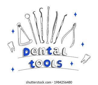 Dental tools and instruments set in doodle style.Line art banner.Orthodontic prosthetics and filling,drill bit,treatment of diseases of oral cavity and caries.Medical equipment for teeth implantation