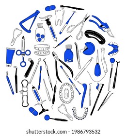 Dental tools and instruments set in doodle style.Line art banner.Orthodontic prosthetics and filling,drill bit,treatment of diseases of oral cavity and caries.Medical equipment for bite correction