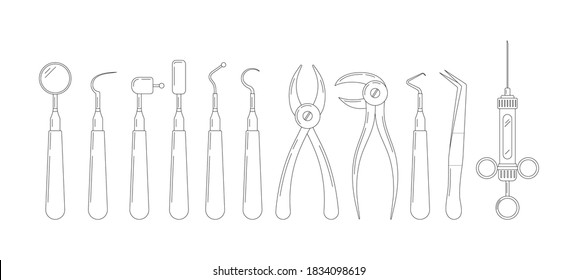 Dental tools line art icon set isolated on white background. Stomatology instruments collection scraper, mirror, forcep, explorer, elevator. Dentist tools flat editable linear vector illustration.