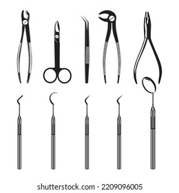 Dental tools set. Mouth mirror, tooth extracting forceps, dental pluggers, tweezers and scissors. Dentist instrument, vector illustration.