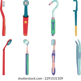 Dental tools set. Toothbrush, toothpaste, dental floss, tweezers, Flat vector illustration