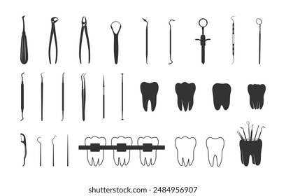 Silueta de herramientas dentales, Silueta de instrumentos dentales, Silueta de dientes, Silueta de herramientas médicas
