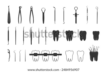 Dental tools silhouette, Dental instruments silhouette, Tooth silhouette, Medical tools silhouette
