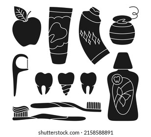 Dental tools silhouette set. Healthy tooth, dentistry implant, toothbrushes, toothpaste, dental floss, mouthwash. Mouth cleaning, healthcare oral hygiene line symbol, clean teeth. Orthodontic concept