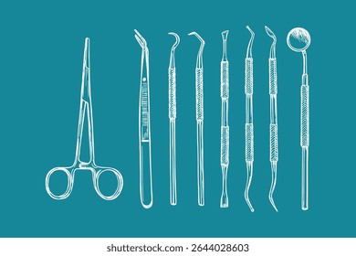 Dental tools sketch drawing collection. Dentist hygiene instrument, oral healthcare. Hand drawn sketch vector illustration
