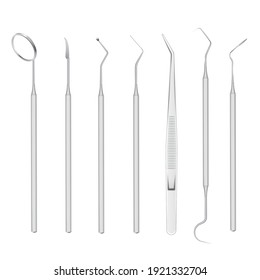 Dental tools stainless steel realistic set. Mouth detail mirror, tweezers, probe, sickle scaler, sharp needle. Stomatological professional hygiene kit. Vector dental instruments isolated on white