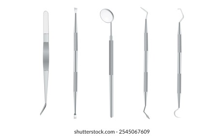 Dental tools stainless steel realistic set. Stomatological professional hygiene kit. dental instruments isolated on white. 