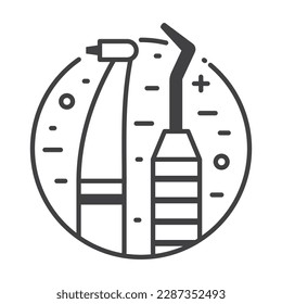 Dental tools and stomatological instruments circle icon in line art design.