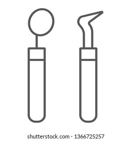 Dental tools thin line icon, stomatology and dentist, dentistry equipment sign, vector graphics, a linear pattern on a white background, eps 10.