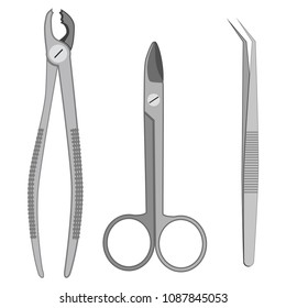 Dental tools tooth extracting forceps, pliers, scissors. Vector dentist equipment icon set. Flat style design.