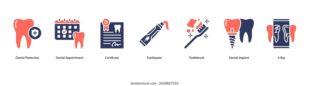 La Ilustración vectorial de íconos de Anuncio de Web de herramientas dentales incluye protección dental, cita dental, certificado, pasta de dientes, cepillo de dientes, implante dental y rayos X.
