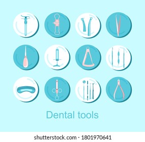 Zahnwerkzeuge.12 Runde Instagram-Symbole Set.Orthodontische Prothetik und Füllung, Behandlung von Erkrankungen der Mundhöhle und Karies.Pinzette, Sonde, Spatel, Kronenmikrometer für Zahnkronen.Vektorgrafik für die Klinik