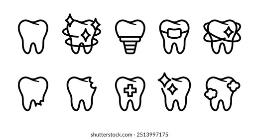 Conjunto de ícones de cuidados dentários. Coleção de ilustrações de vetores de saúde dos dentes. Símbolo de medicamento de odontologia. Sinal de higiene oral. Pictograma de clareamento dos dentes. Conceito isolado de dente quebrado.