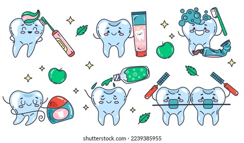 Los caracteres dentarios de cuidado dental cepillan el conjunto de conceptos abstractos. Elemento de ilustración de diseño gráfico de vector