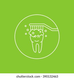 Dental tooth cleaning (washing) linear vector illustration. Dental tooth care technology creative concept. Healthy tooth hygiene (toothbrush, toothpaste) symbol. Clean tooth protection graphic design.