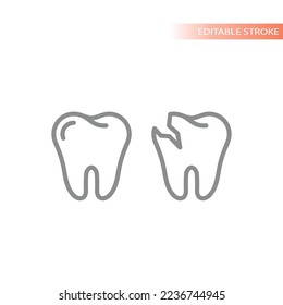 Dental tooth healthy and with caries vector icon. Cavities outlined vector icon.